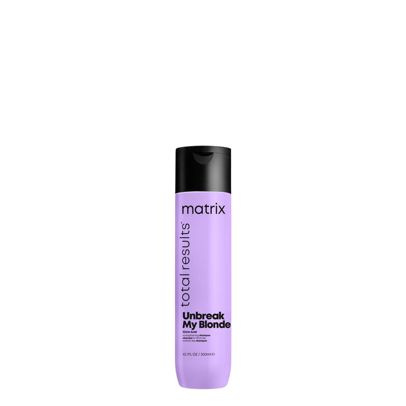 Champú reparador Matrix Unbreak My Blonde para cabello rubio dañado y debilitado, visible en la botella con etiquetado amarillo y morado