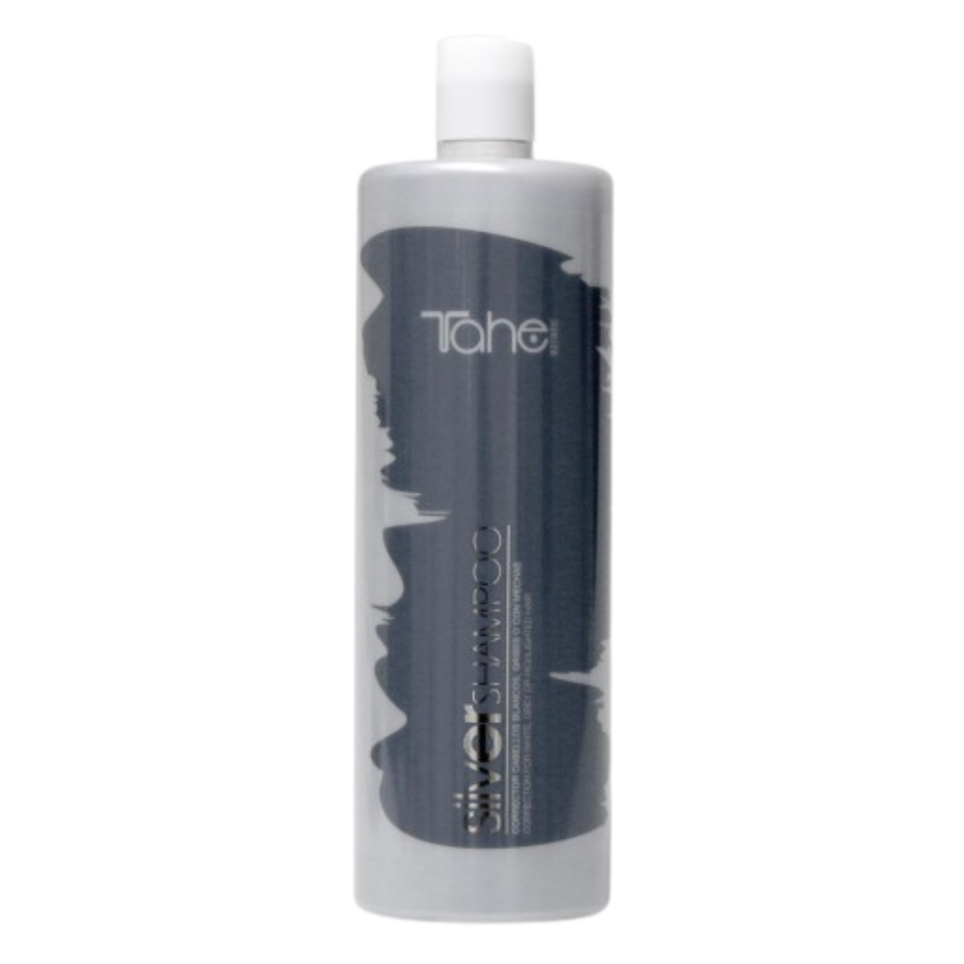 Champú plateado Tahe para cabellos blancos en envase de 1000 ml, fórmula para neutralizar tonos amarillos y mantener el cabello plateado