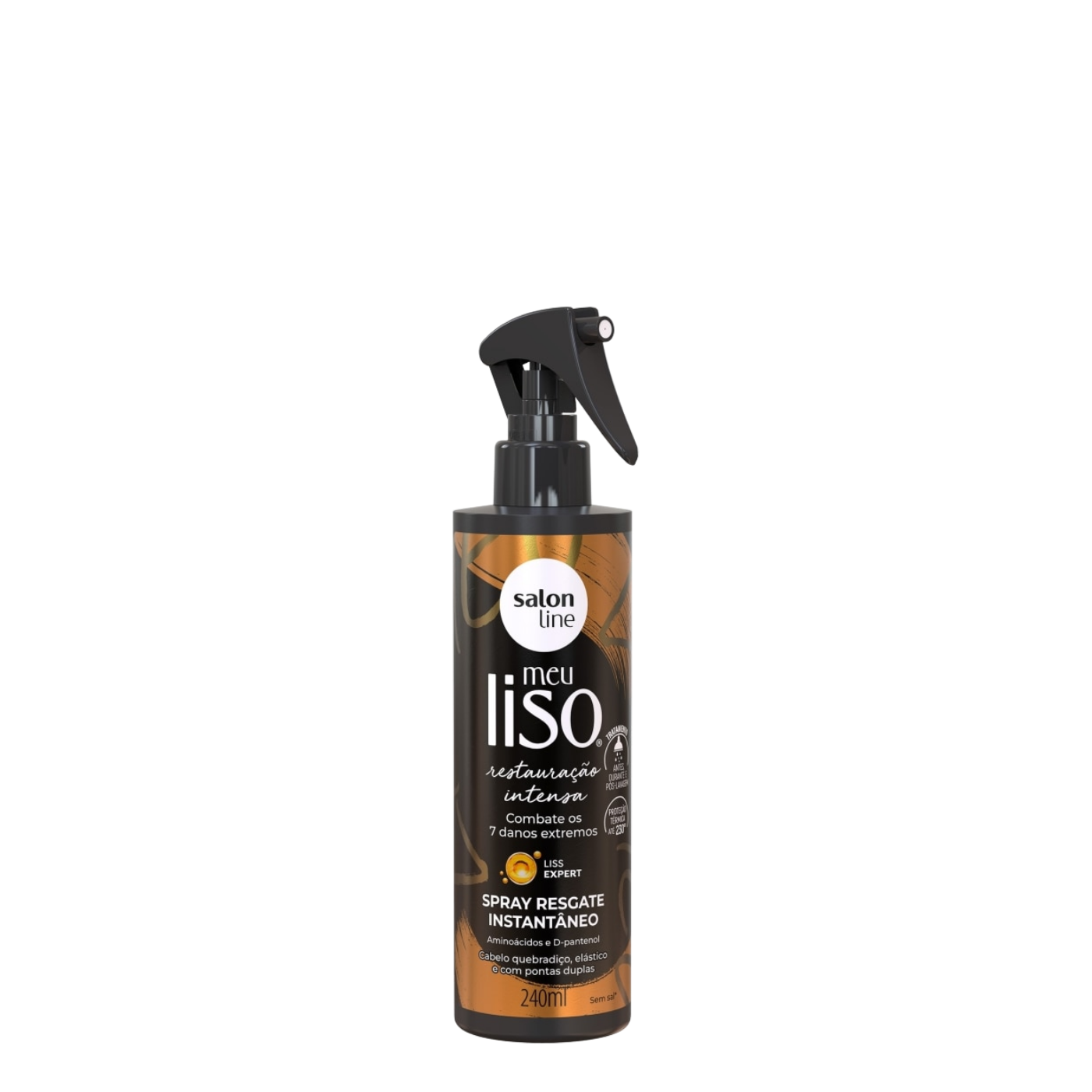 Botella de 240 ml con atomizador en spray de la línea Meu Liso Restauración Intensa de la marca Salon Line, tratamiento reconstructor líquido y protector térmico sin enjuague para cabellos lisos dañados.