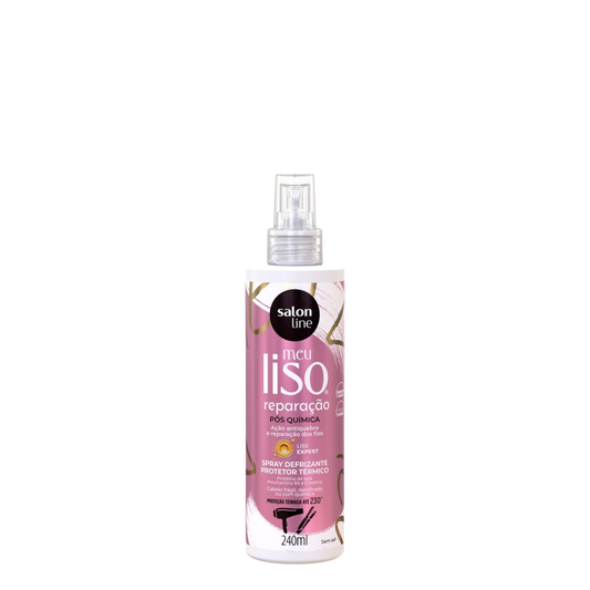 Botella de 240 ml con atomizador del Protector Térmico y Defrizante Meu Liso Post Química de la marca Salon Line, tratamiento líquido protector de calor y anti-frizz para cabellos alisados químicamente.