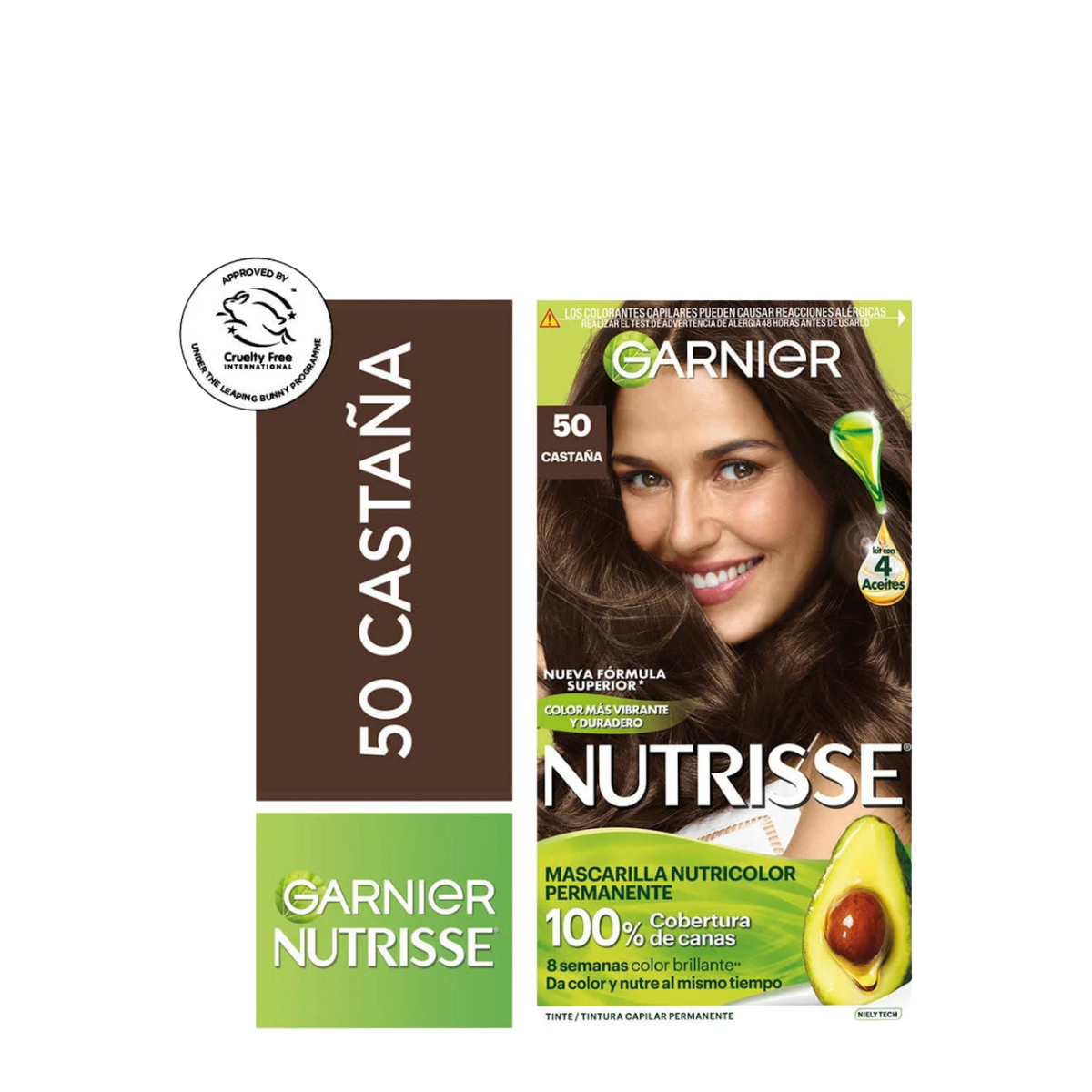 Tinte Garnier Nutrisse en varias variedades, frasco de color negro con etiqueta y tapa morada, para cabello natural y brillante.
