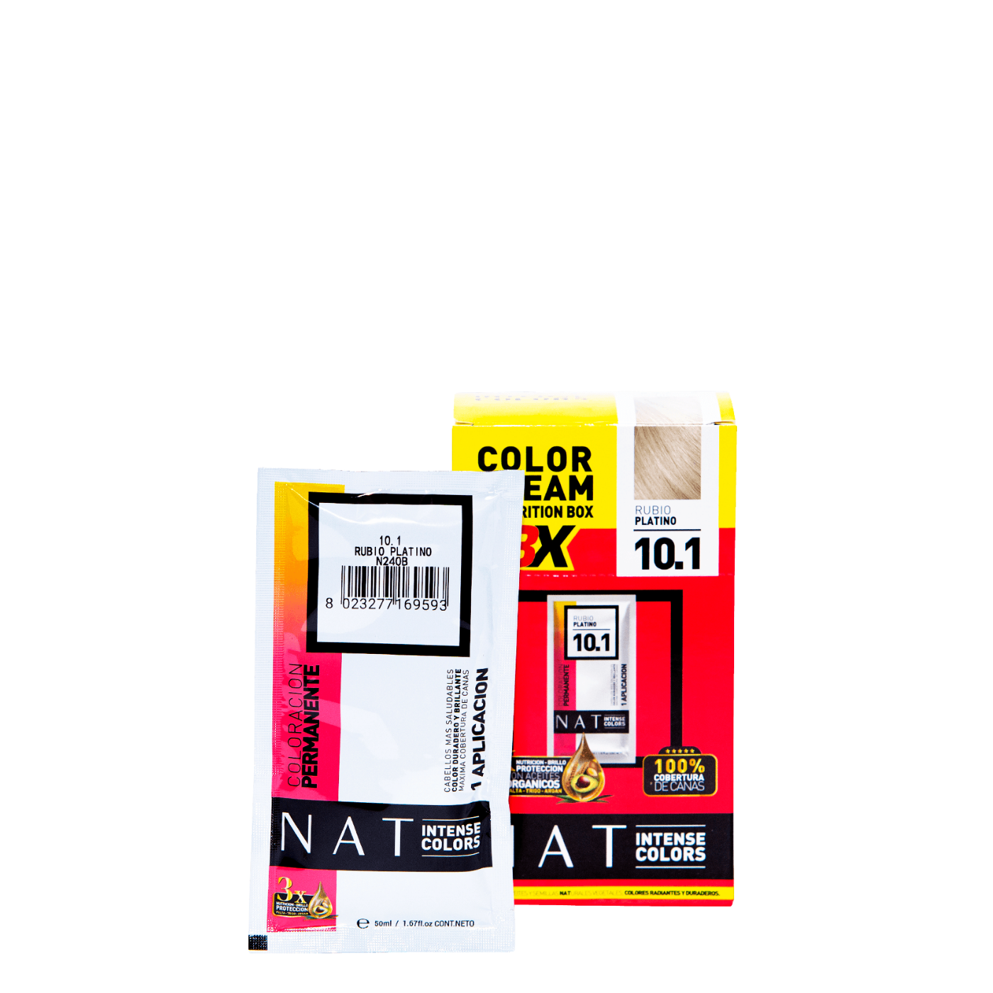 Sachet de 50g de tintura NAT Color Cream de Nat Pro en tono rubio platino, para coloración capilar intensa y duradera.