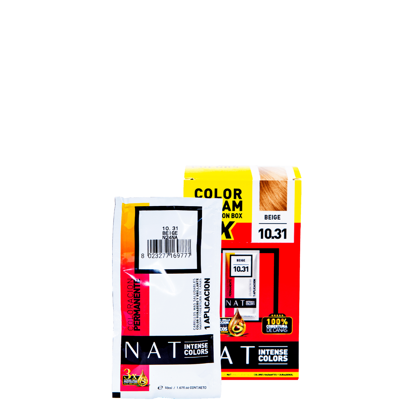 Sachet de 50g de colorante capilar NAT Color Cream en tono beige, de la marca Nat Pro, para tintura de cabello.