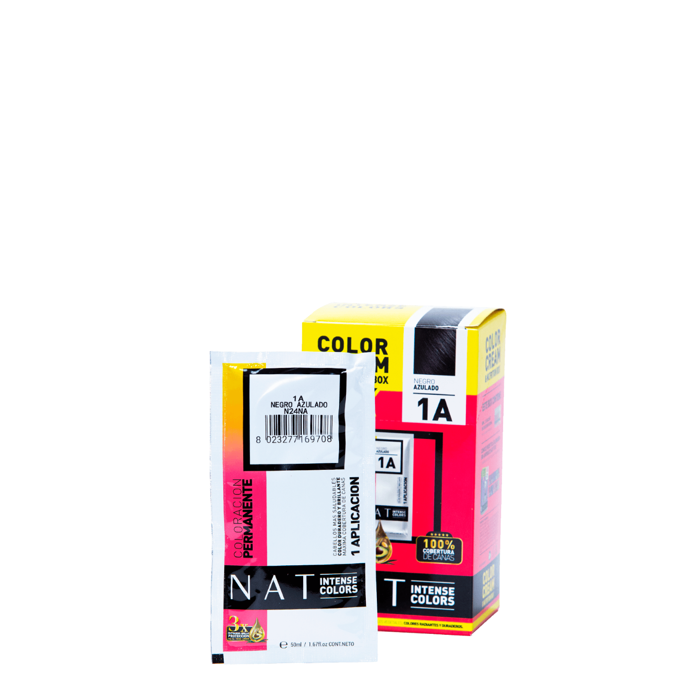 Tinte de coloración capilar NAT Color Cream en sachet de 50g de color negro azulado de la marca Nat Pro.