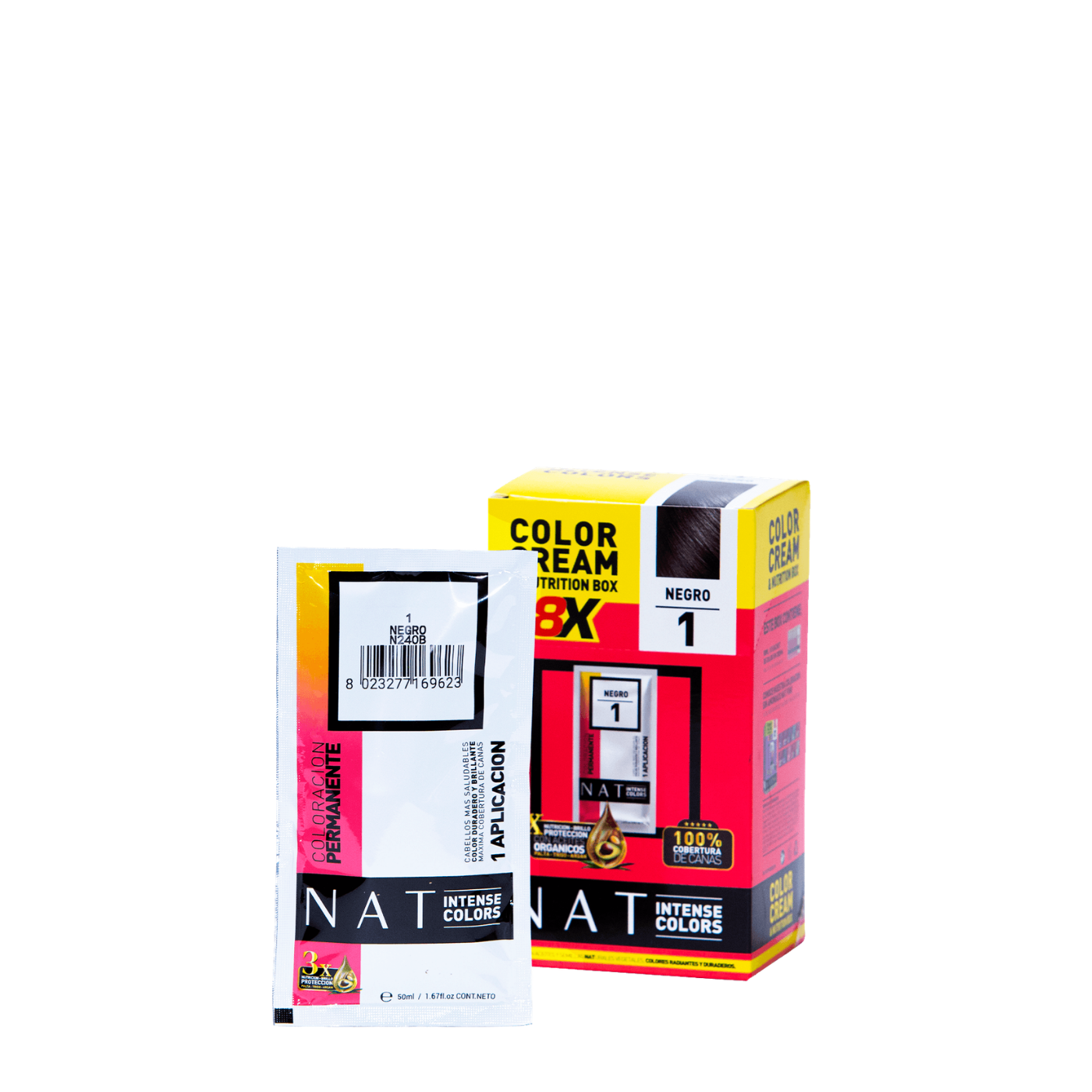 Tinte de coloración capilar NAT Color Cream Nat Pro en sobre de 50g, tono negro intenso para cabello.