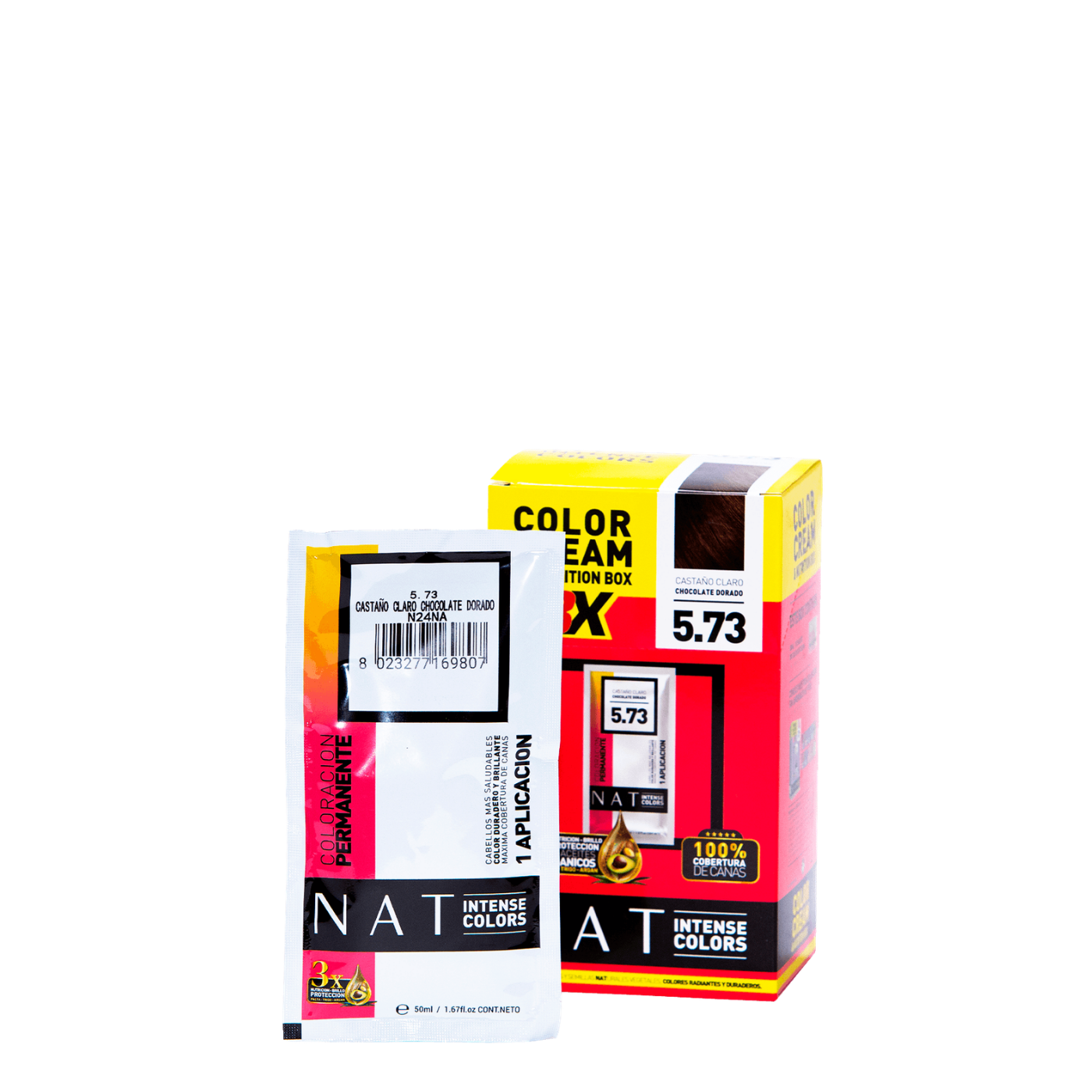 Tinte de coloración capilar NAT Color Cream de Nat Pro en sachet de 50g, tono castaño claro intenso.