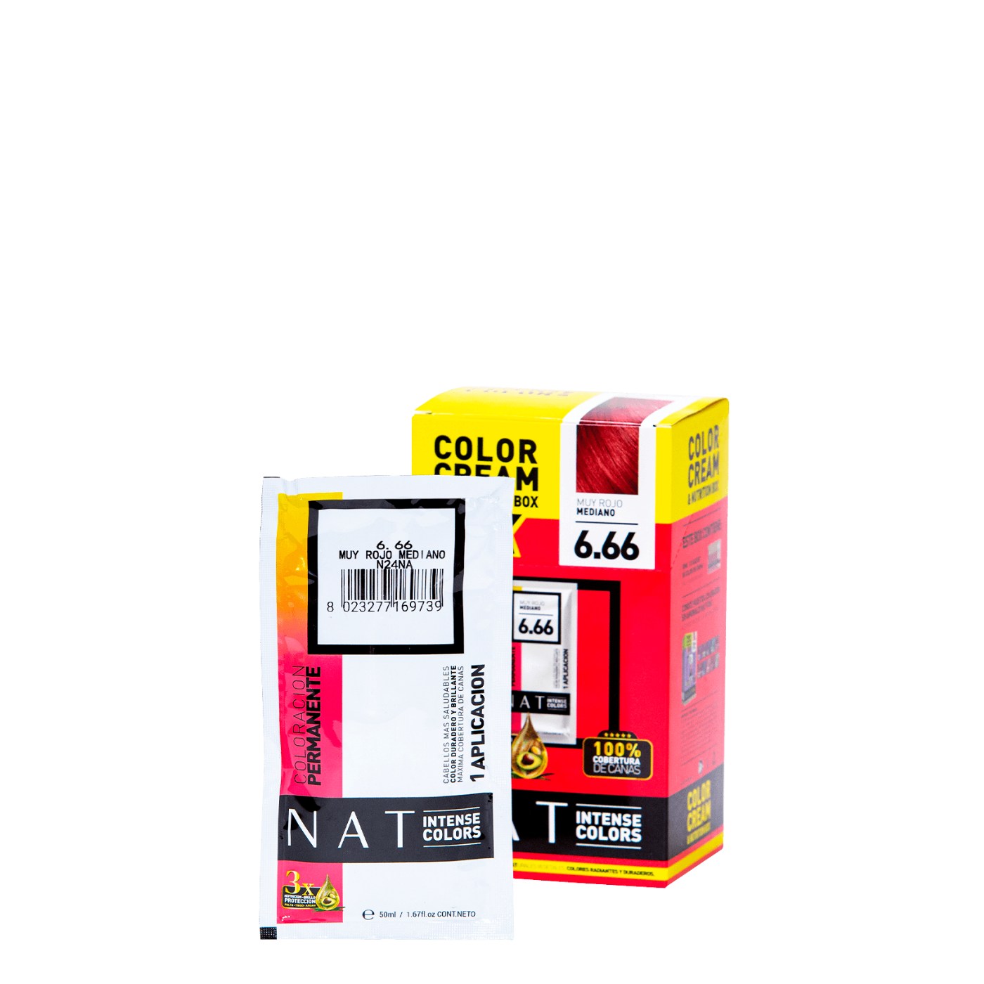Tinte de coloración capilar NAT Color Cream de Nat Pro en sachet de 50g, tono rojo medio intenso, para cabello.