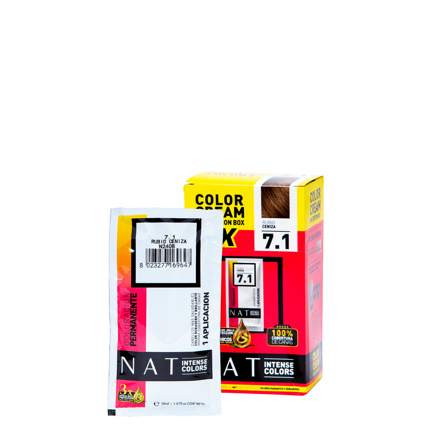 Tinte de coloración capilar NAT Color Cream de Nat Pro en sachet de 50g, tono rubio ceniza intenso.