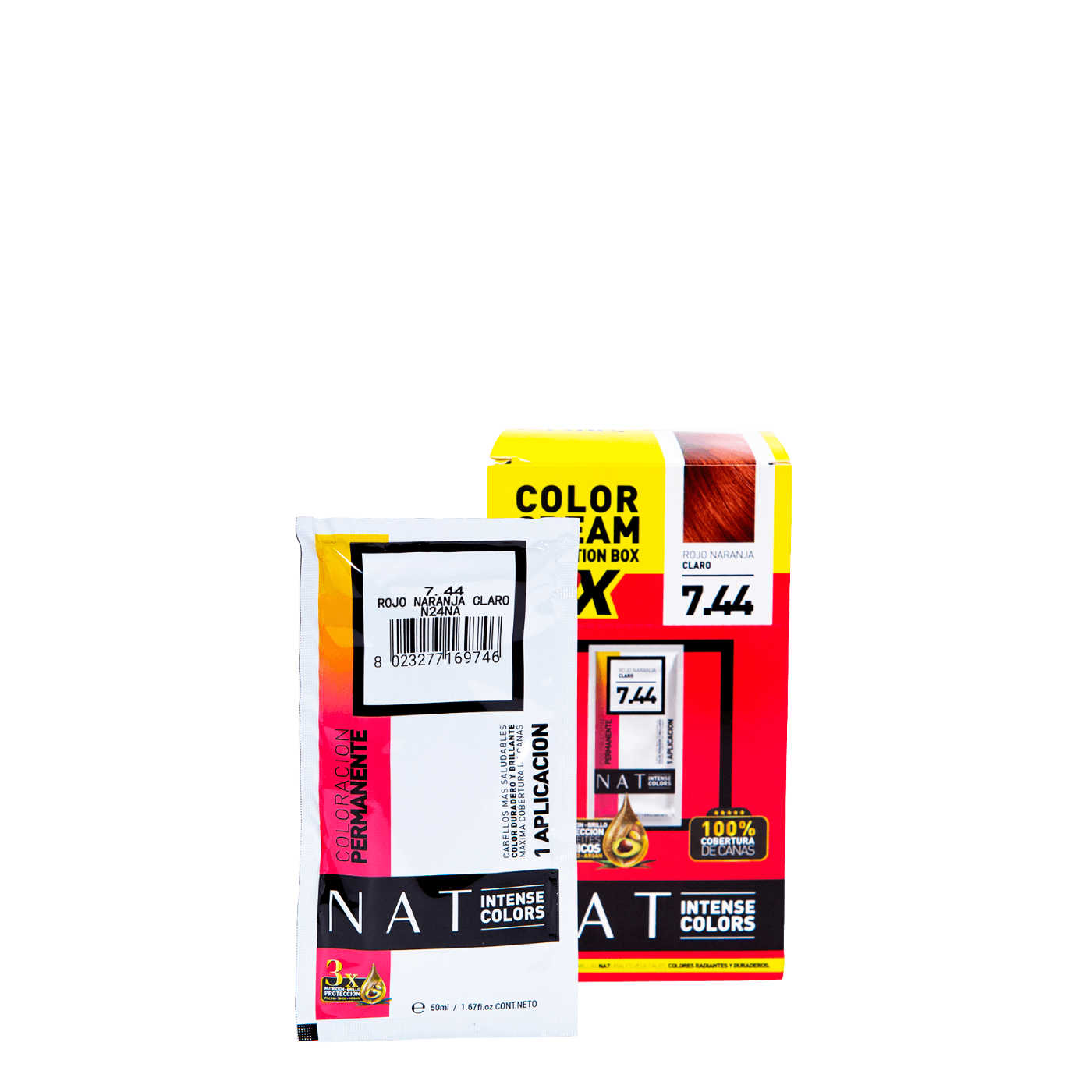 Tinte capilar NAT Pro Color Cream 50g en sachet, tono rojo naranja claro, para coloración intensa del cabello.