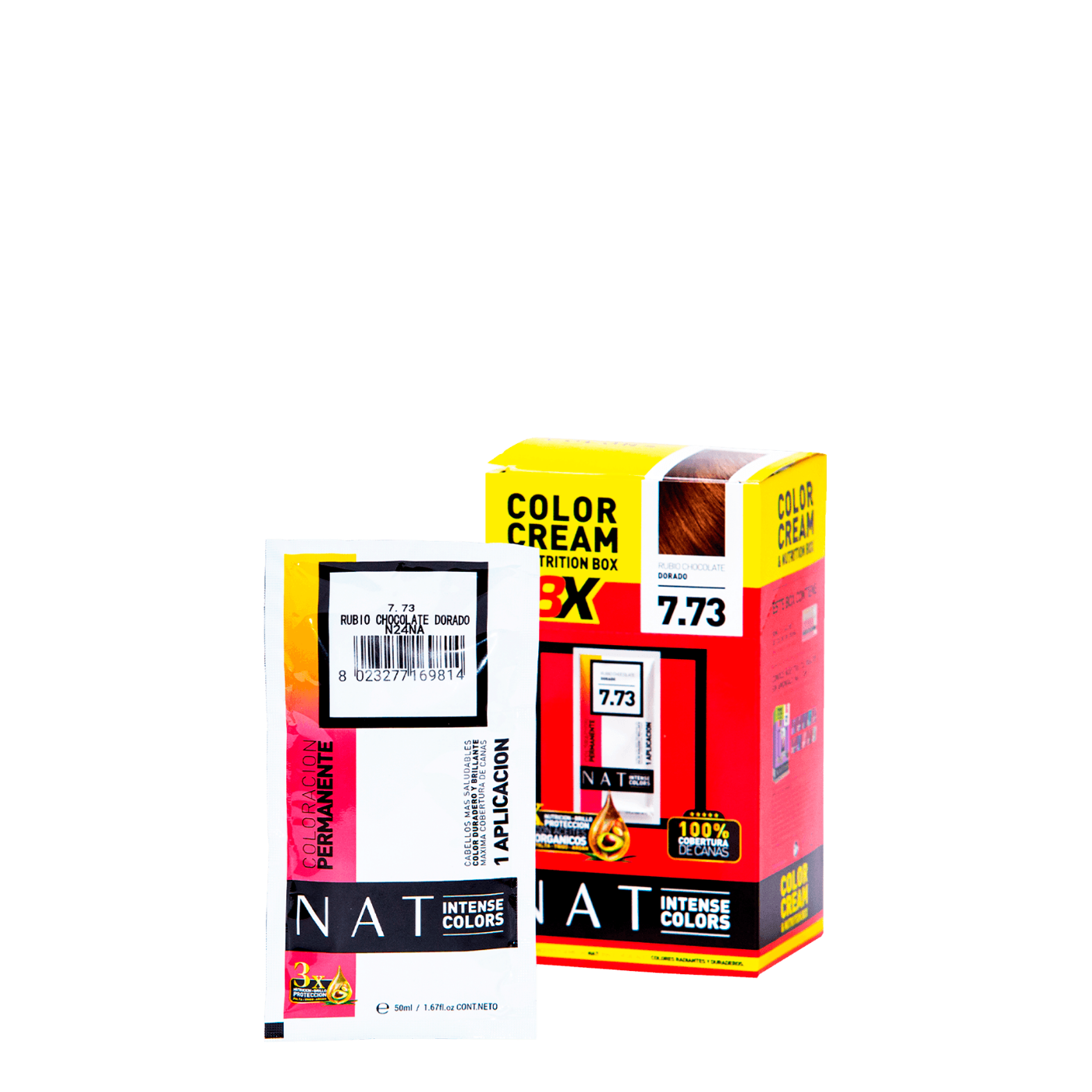 Sachet de 50g de tintura NAT Color Cream de Nat Pro en tono rubio chocolate dorado para coloración capilar.