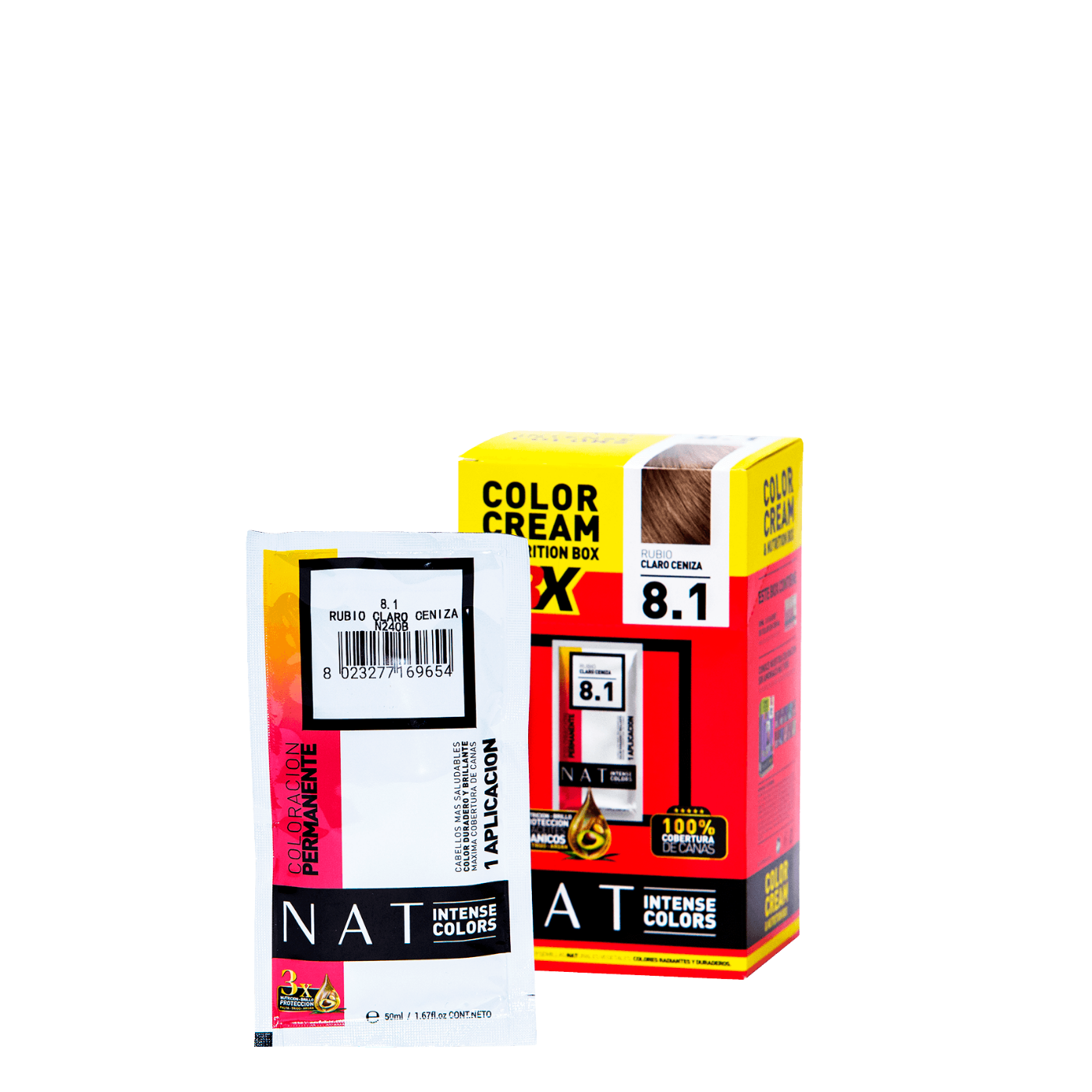 Tinte de coloración capilar NAT Color Cream de Nat Pro en sachet de 50g, tono rubio claro ceniza, para cabello.
