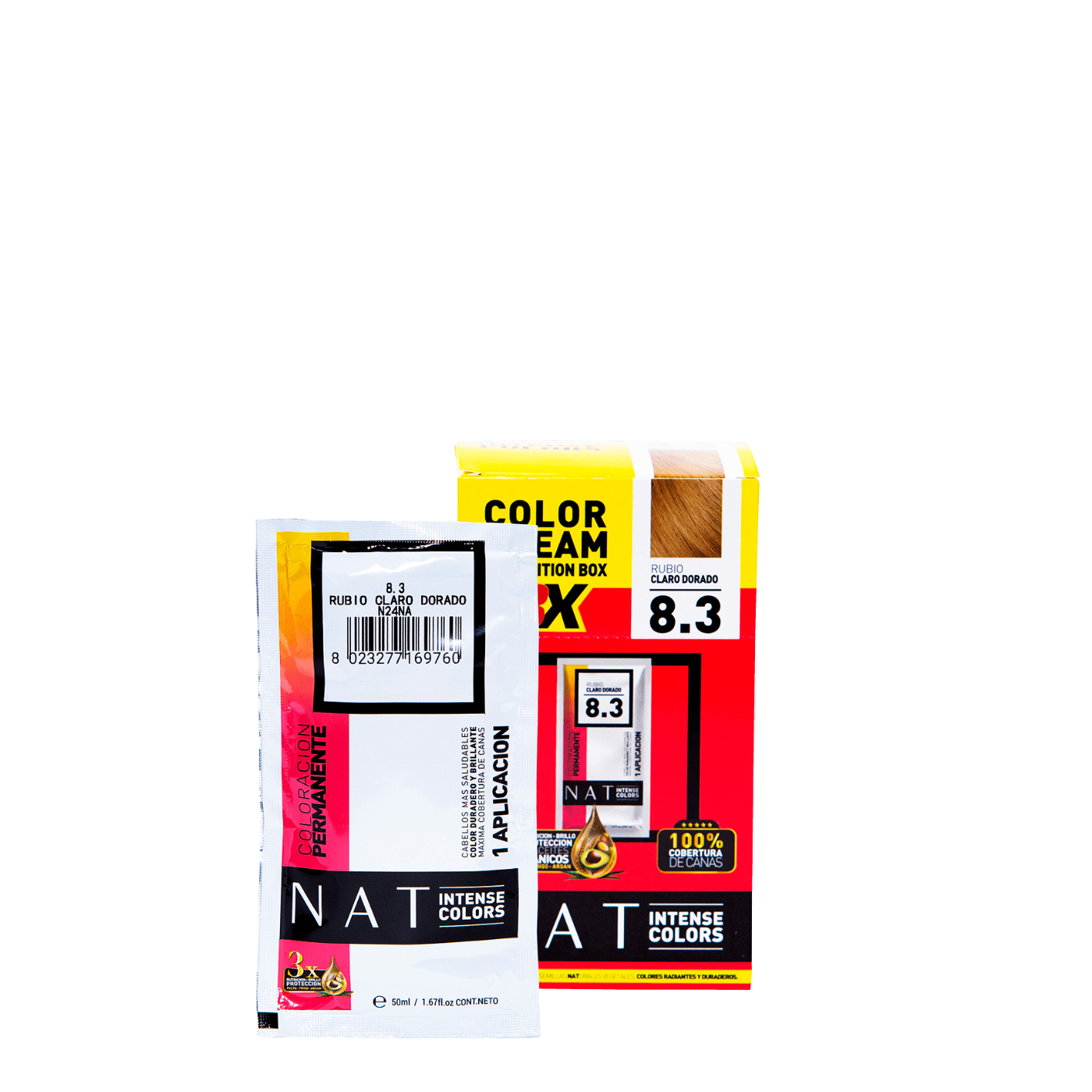 Sachet de 50g de tintura NAT Color Cream de Nat Pro en tono rubio claro dorado, para coloración capilar intensa.