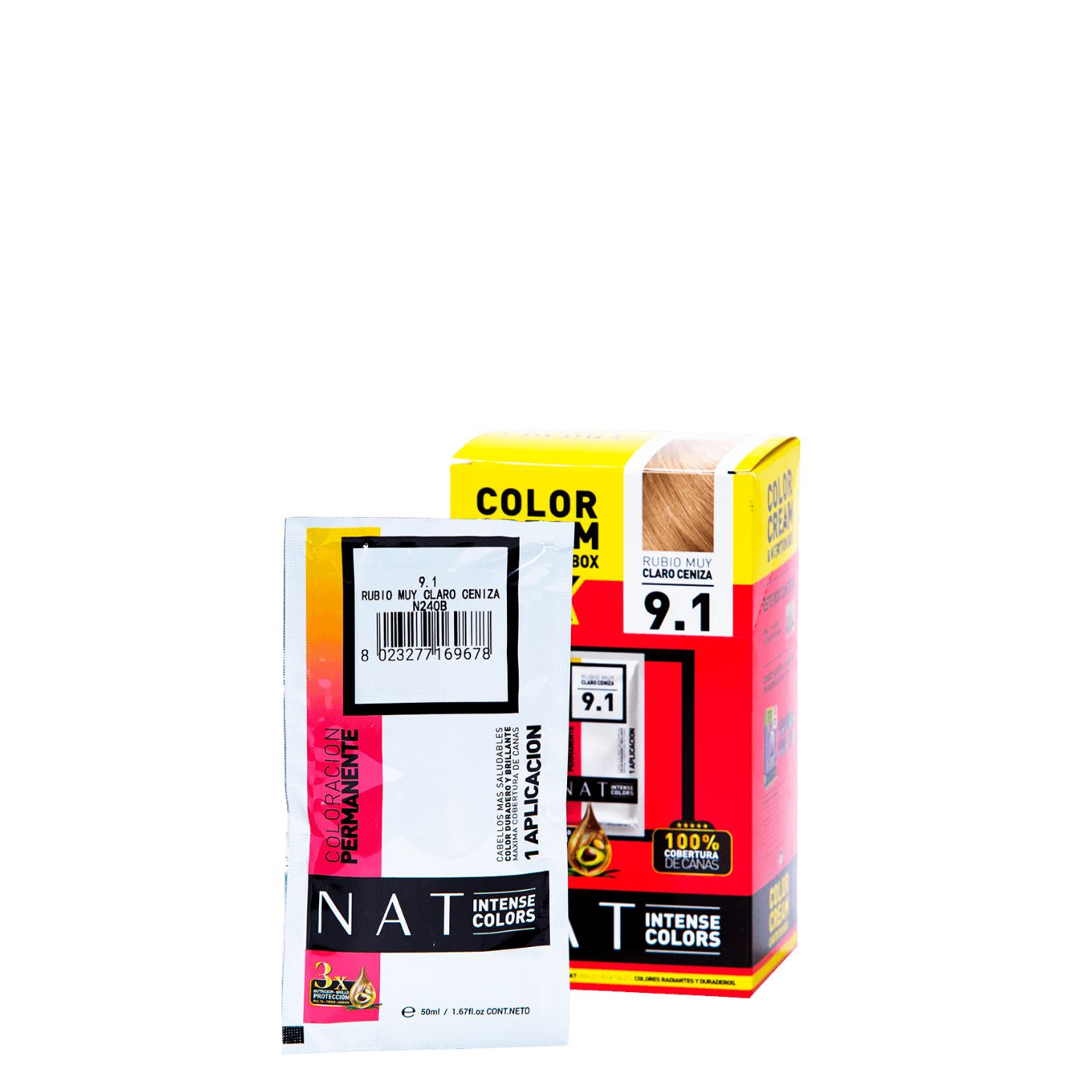 Tinte de coloración capilar NAT Color Cream de Nat Pro en sachet de 50g, tono rubio muy claro ceniza, para cabello.