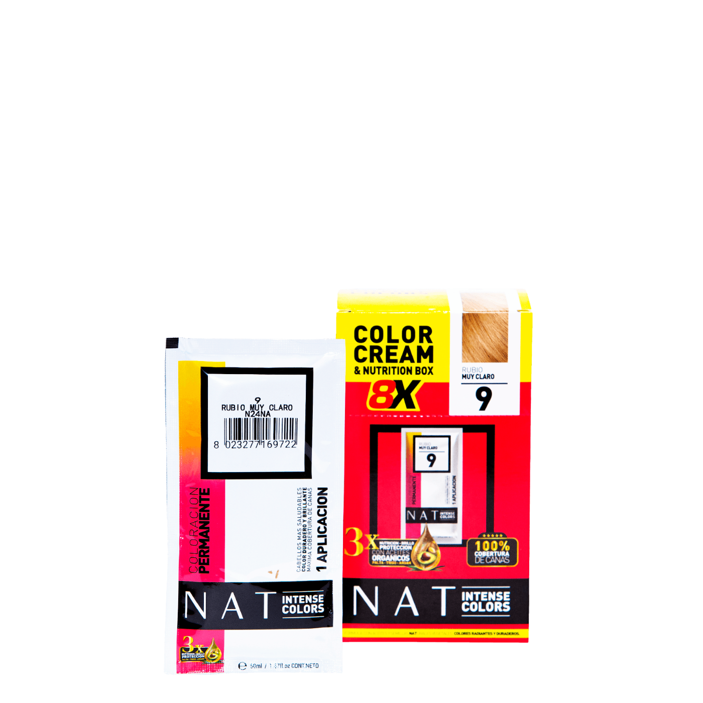 Tinte de coloración capilar NAT Color Cream de Nat Pro en sachet de 50g, tono rubio muy claro, para cabello.