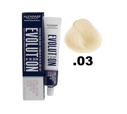 Tinte Evolution de Alfaparf en caja con frascos y guantes, muestra tonos de color para cabello en un fondo neutro