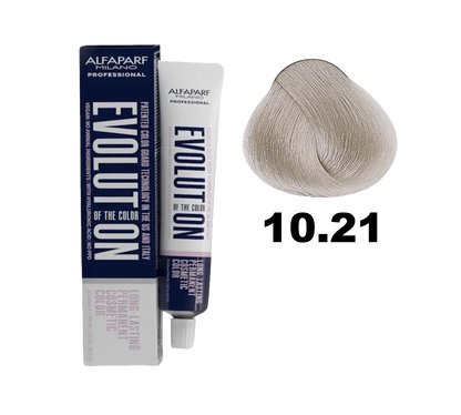 Tinte Evolution de Alfaparf en caja con color 10.21, tono rubio ceniza claro para cabello.