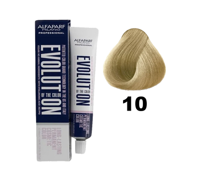 Tinte de cabello Evolution de Alfaparf en tono 10, muestra la caja y el producto en el envase de la tintura.