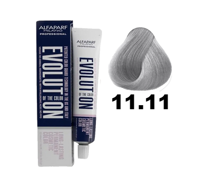 Tinte Evolution de Alfaparf en botella con caja, muestra el envase y el color de la tintura para cabello.