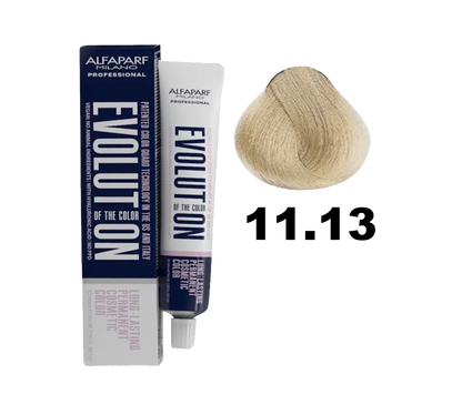 Tinte de la línea Evolution de Alfaparf en tono 11.13, mostrando el frasco y la etiqueta de la tintura para cabello.