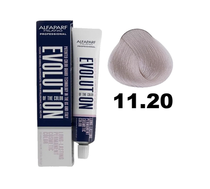 Tinte Evolution de Alfaparf en una caja, mostrando el color 11.20 para cabello, con envase y instrucciones visibles.