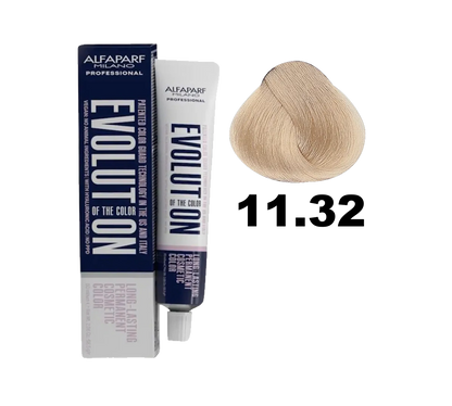Tinte Evolution de Alfaparf en caja con tonos rubios y cobrizos, muestra la textura y color del producto para el cabello.
