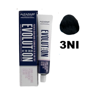 Tinte Evolution de Alfaparf en caja con frascos y brocha para coloración capilar en tonos naturales y vibrantes