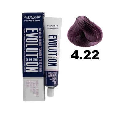 Tinte de cabello Evolution de Alfaparf en tono 4.22, muestra el color rubio oscuro con reflejos cálidos y acabado brillante.