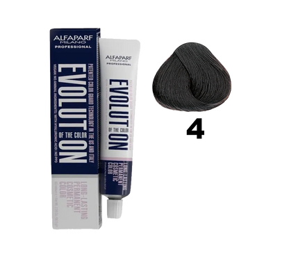 Tinte Evolution de Alfaparf en caja con frascos y brocha para color de cabello, tonos variados en el envase.