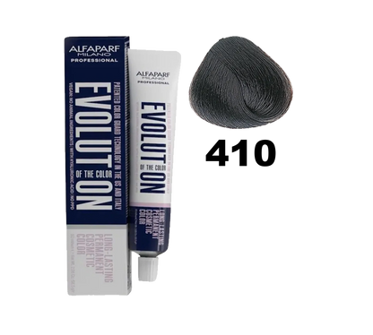 Tinte Evolution de Alfaparf en caja, muestra el envase y el tono 410 para cabello con coloración profesional