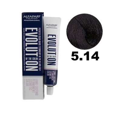 Tinte Evolution de Alfaparf en tubo con tono 5.14, muestra el color rubio oscuro con reflejos castaños.