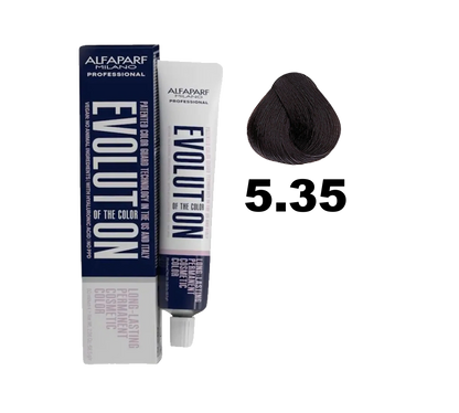 Tinte de coloración Evolution de Alfaparf en tono 5.35, muestra la crema de tintura para el cabello en el envase.