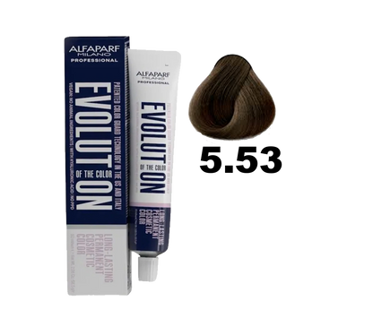 Tinte Evolution de Alfaparf en caja, con frasco y brocha para aplicación del color de cabello.