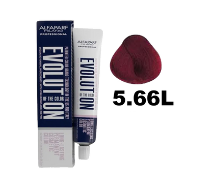 Tinte de la línea Evolution de Alfaparf en tono 5.66, frasco de color marrón con etiqueta y tapa blanca.