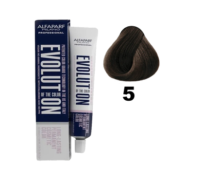 Tinte Evolution de Alfaparf en caja, con frasco y tubo de color para cabello, mostrando el producto en su envase.