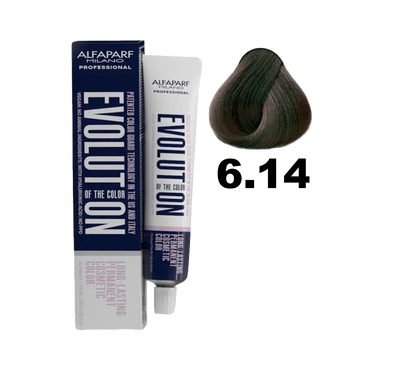 Tinte Evolution de Alfaparf en caja con tonos rubios ceniza para cabello, con frascos y muestra del color en la etiqueta.