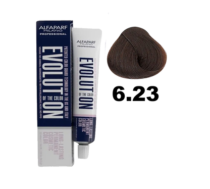 Tinte Evolution de Alfaparf en caja con frasco de coloración y accesorios para teñir el cabello.