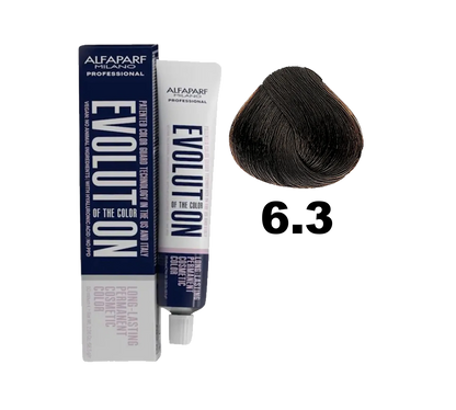 Tinte Evolution de Alfaparf en caja con tono 6.3, color rubio oscuro, muestra la tintura para cabello en envase.