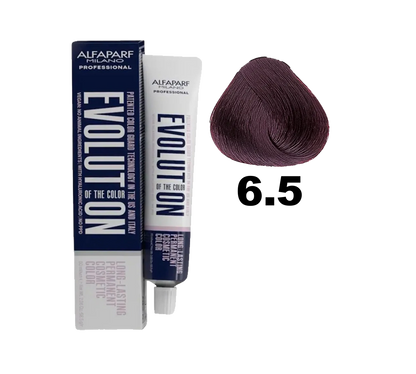 Tintura Evolution de Alfaparf en caja con tono 6.5, muestra el producto de color rubio oscuro para cabello.