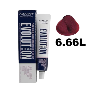 Tinte de cabello Evolution de Alfaparf en tono 6.66, envase de color con etiqueta y diseño de la marca Alfaparf