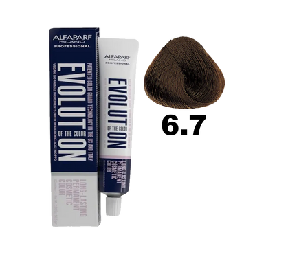 Tinte Evolution de Alfaparf en caja con frascos de color, mostrando la variedad de tonos de la tintura para cabello.