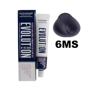 Tinte Evolution de Alfaparf en caja con fórmula y frascos, muestra diferentes tonos de color para cabello.