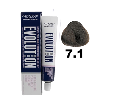 Tinte Evolution de Alfaparf en caja con frascos y guantes, para coloración del cabello en tonos rubios 7.1.