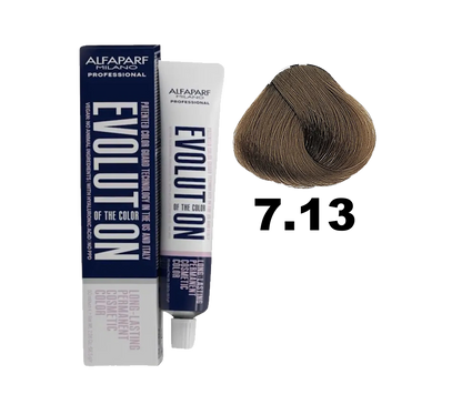 Tinte Evolution de Alfaparf en tono 7.13, botella de tintura para cabello con envase de color y diseño de Alfaparf.