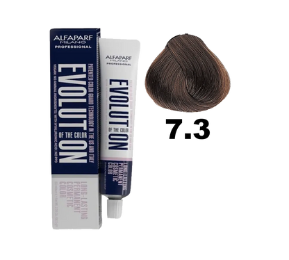 Tinte Evolution de Alfaparf en caja, muestra el tono 7.3 con cabello teñido en color castaño claro dorado.