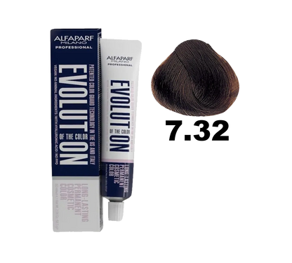 Tinte Evolution de Alfaparf en caja con tubo de color 7.32 para cabello rubio claro con reflejos dorados