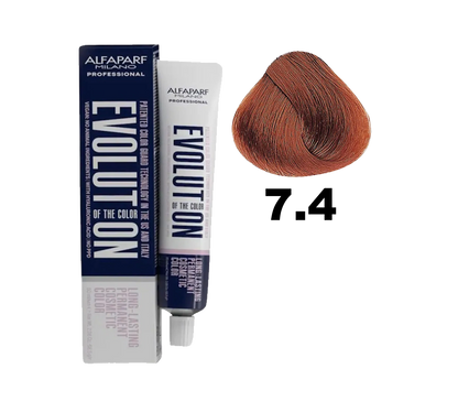 Tinte Evolution de Alfaparf en caja, con frasco y tubo de color 7.4 para teñido de cabello.