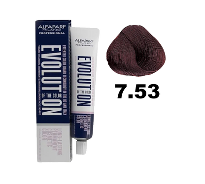 Tinte Evolution Alfaparf en tono 7.53, color rubio ceniza claro, en tubo de tintura para cabello, con envase visible