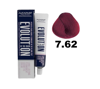 Tinte Evolution de Alfaparf en caja, muestra el color 7.62 con un frasco de tintura y guantes para coloración capilar.