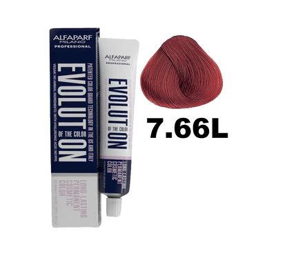 Tinte Evolution de Alfaparf en botella con coloración rubio oscuro 7.66, crema para cabello de alta calidad.