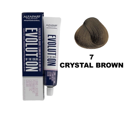 Tinte Evolution de Alfaparf en tono castaño cristal, crema para coloración capilar con acabado brillante y natural.